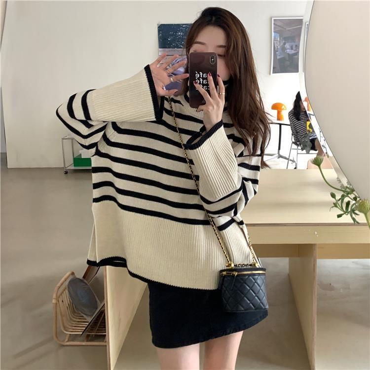 Turtleneck Striped Slit Sweater Product Image