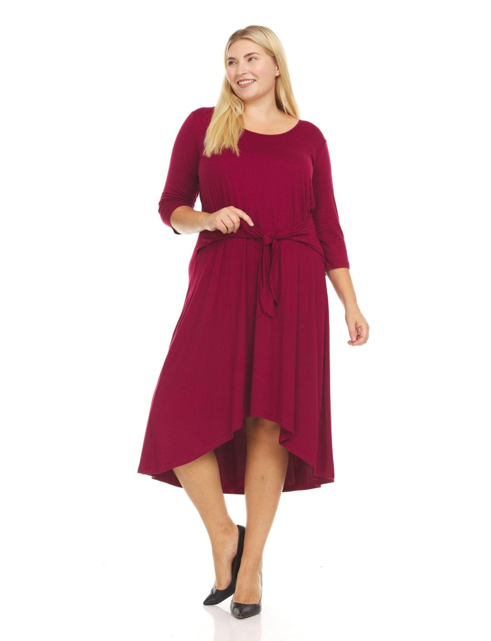 Three-quarter sleeves solid colors scoop neck midi dress with self tie belt- plus Product Image