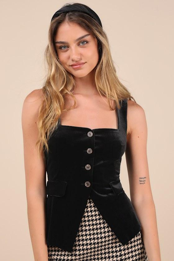 Significantly Chic Black Velvet Button-Front Sleeveless Vest Top Product Image