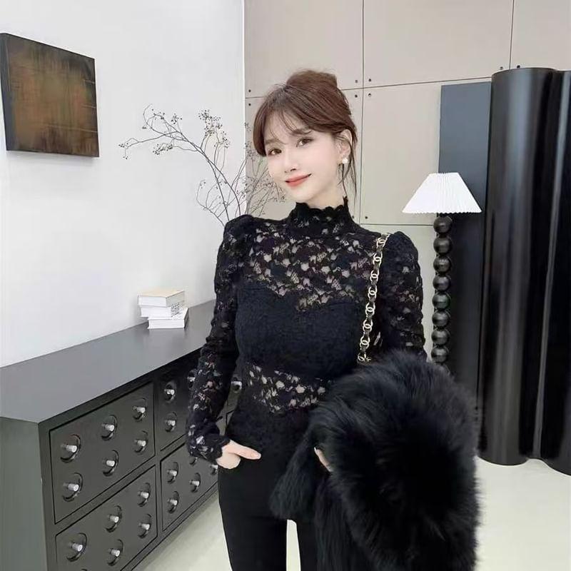 Long-Sleeve Mock Neck Padded Lace Crop Top Product Image