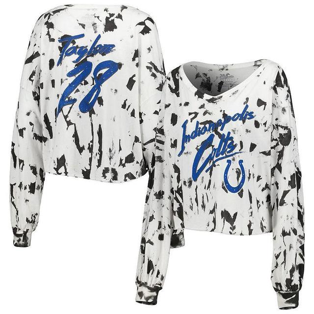 Womens Majestic Threads Jonathan Taylor Indianapolis Colts Off-Shoulder Tie-Dye Name & Number Cropped Long Sleeve V-Neck T-Shirt Product Image