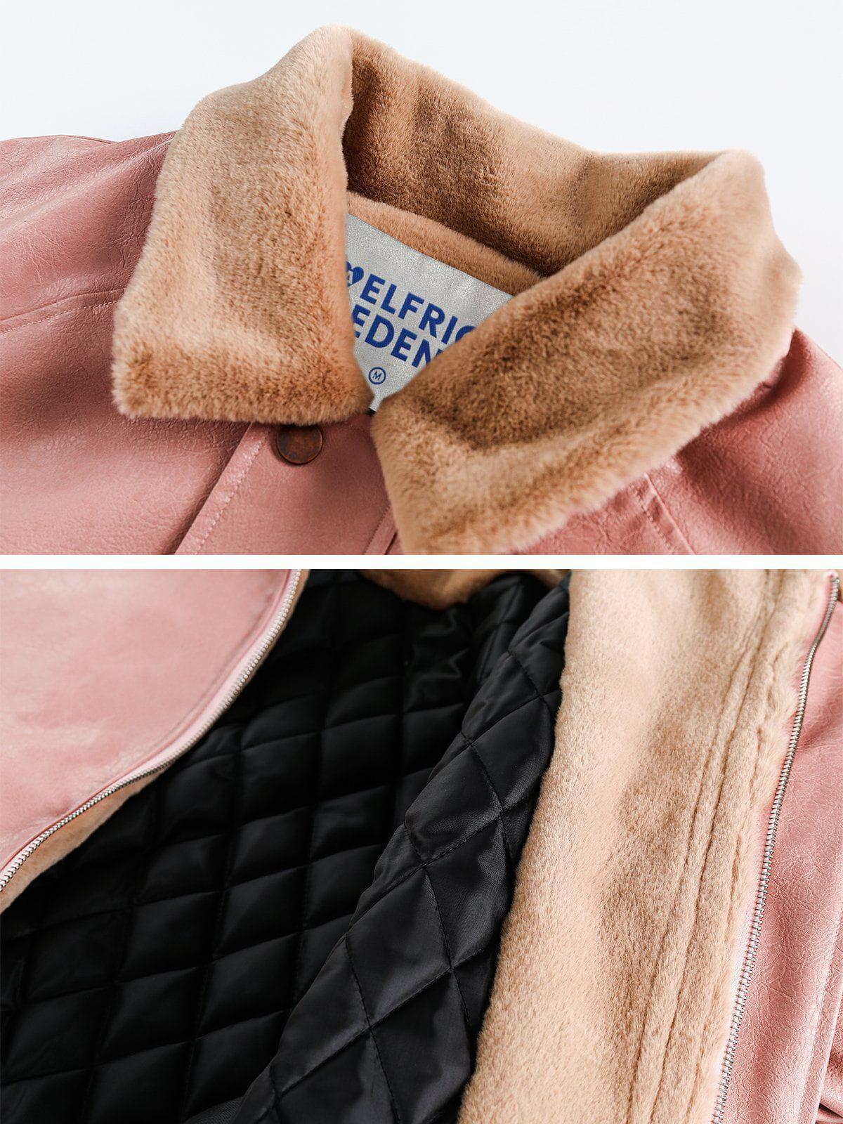 Fur Collar Faux Leather Bomber Jacket Female Product Image