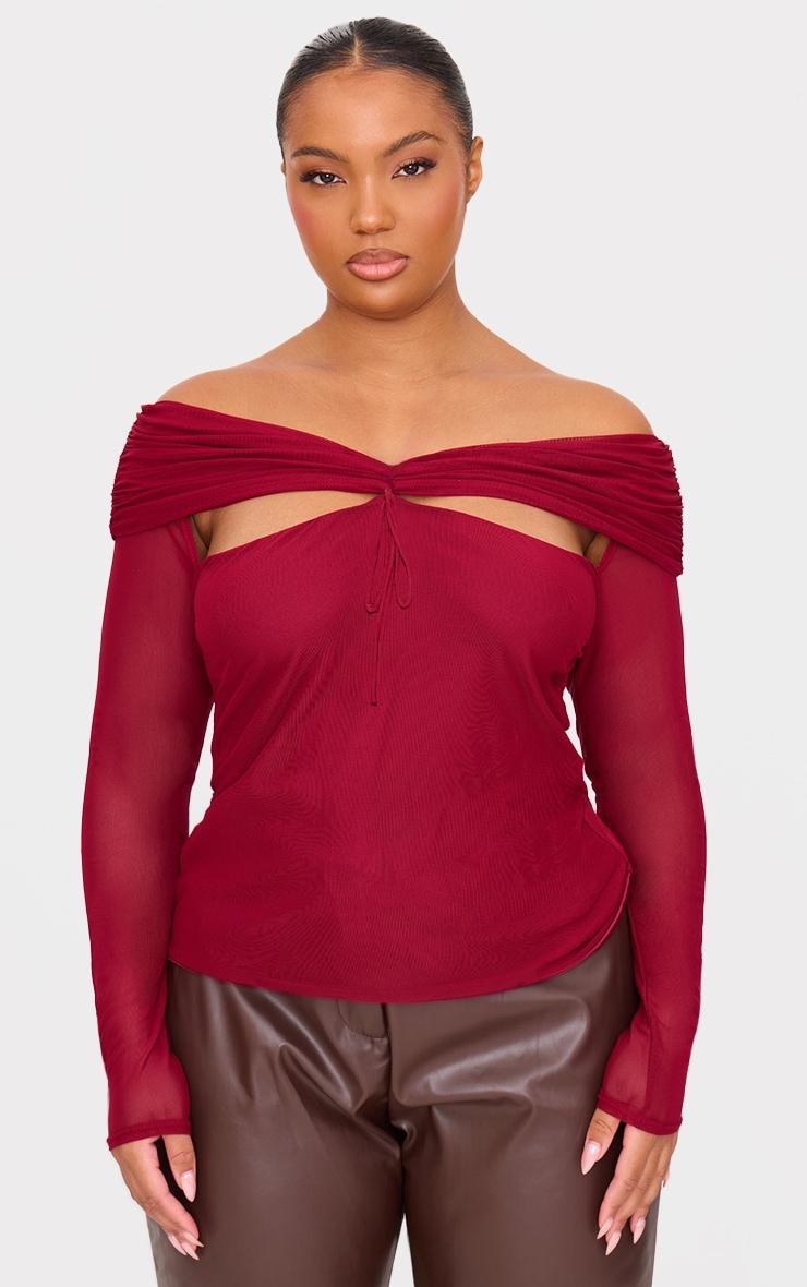 Plus Burgundy Cut Out Bardot Long Sleeve Top Product Image