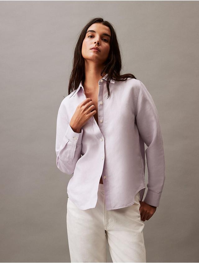 Calvin Klein Womens Linen Blend Classic Button-Down Shirt - Purple - L Product Image