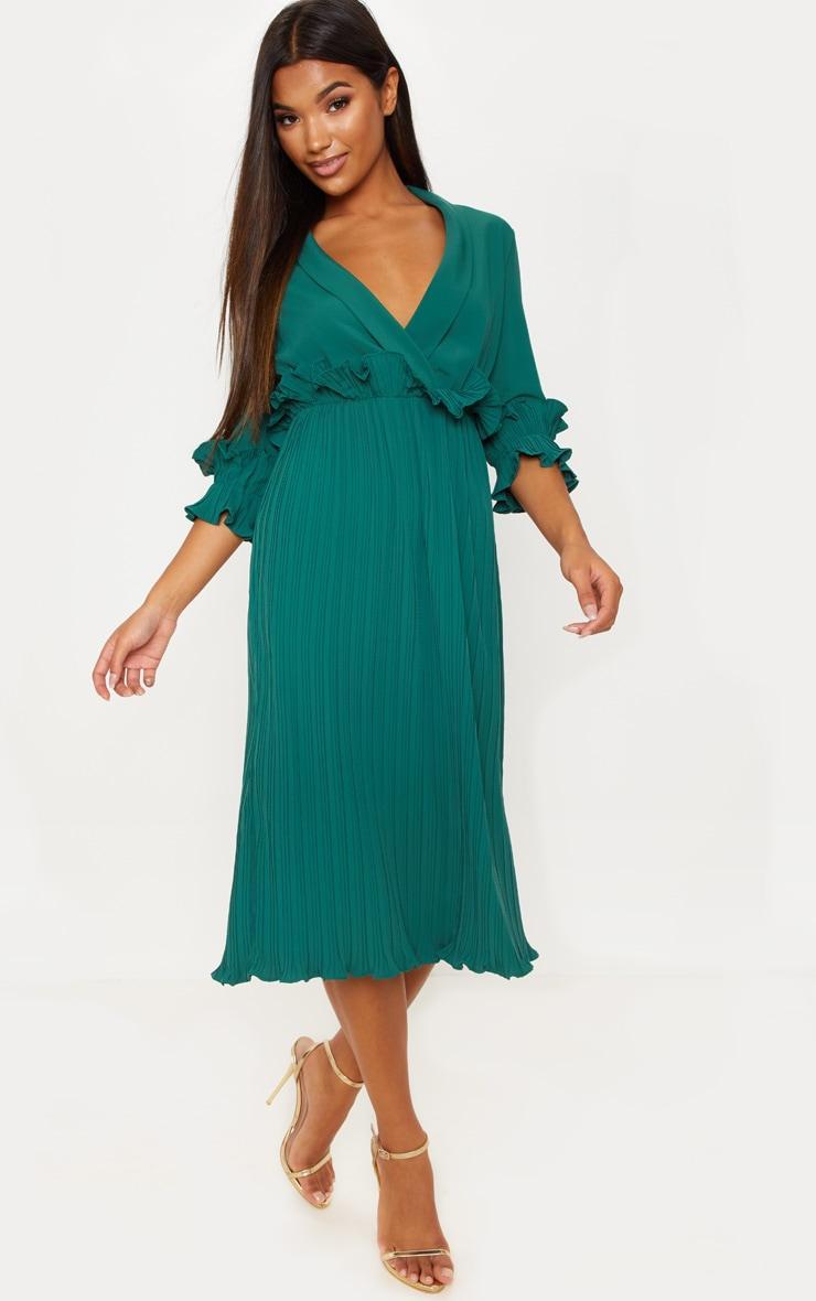 Emerald Green Frill Detail Pleated Midi Dress Product Image