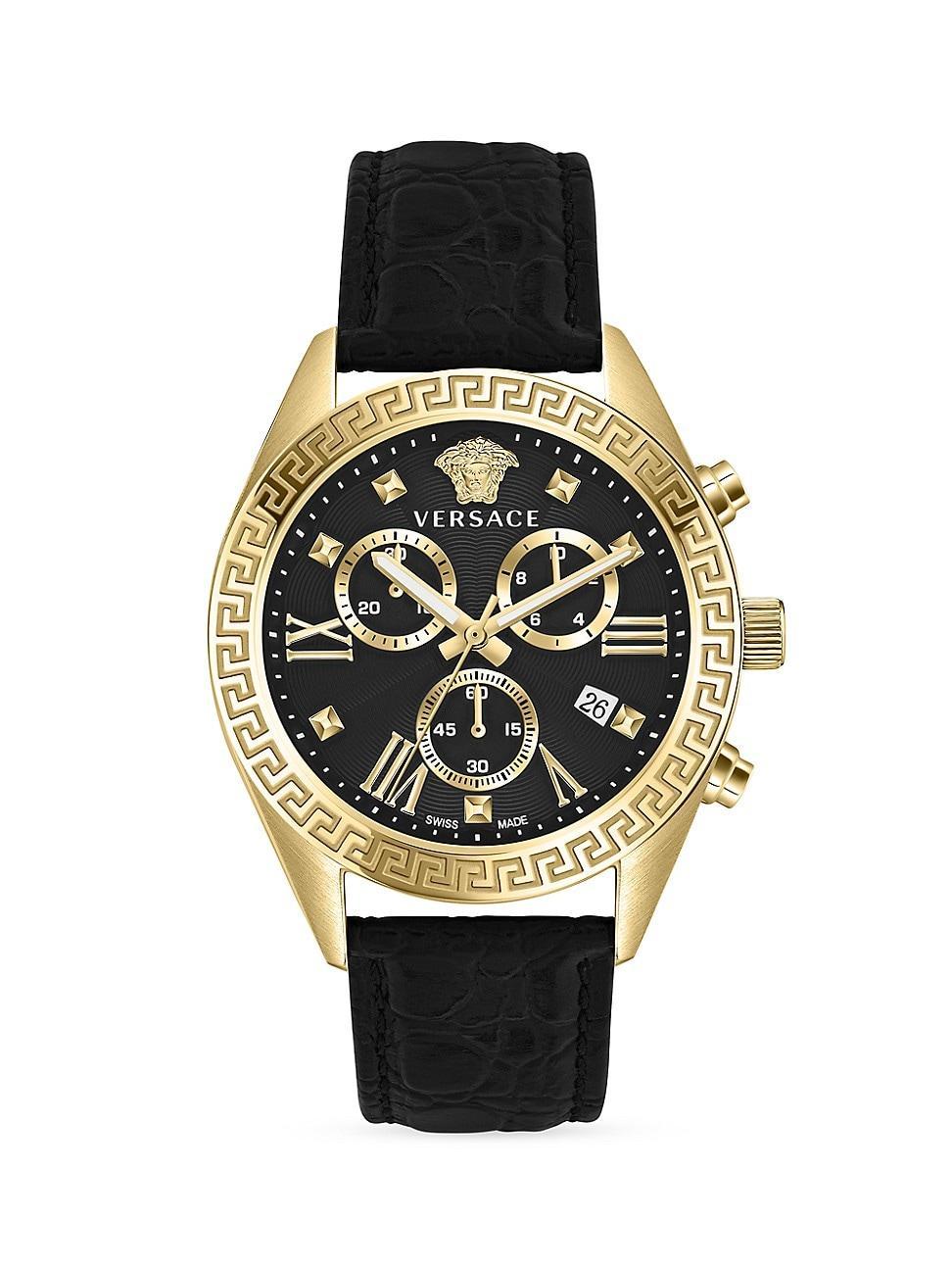 Womens Greca Chrono Goldtone Stainless Steel & Leather Watch Product Image