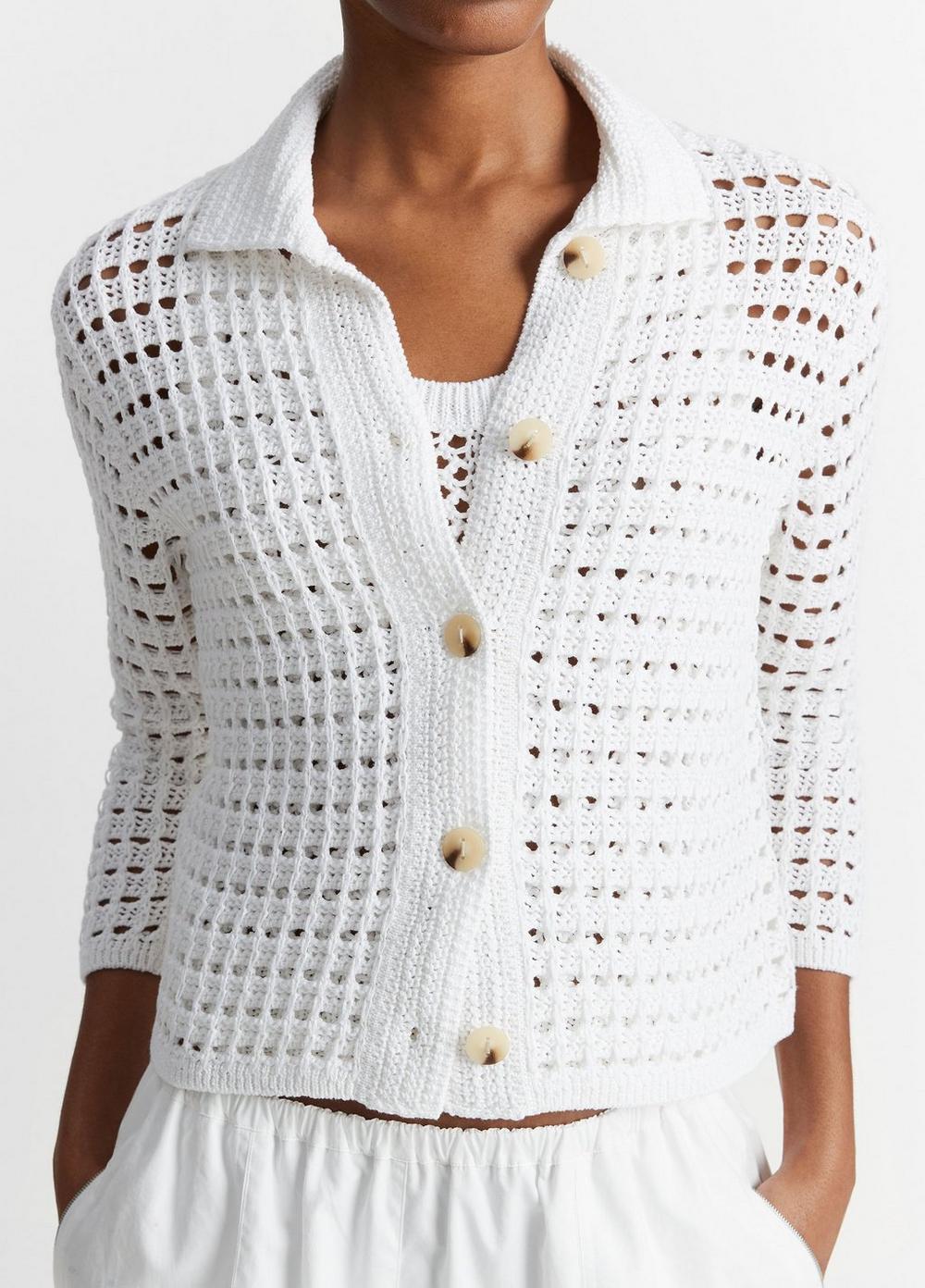 Block-Stitch Cotton Three-Quarter-Sleeve Cardigan Product Image