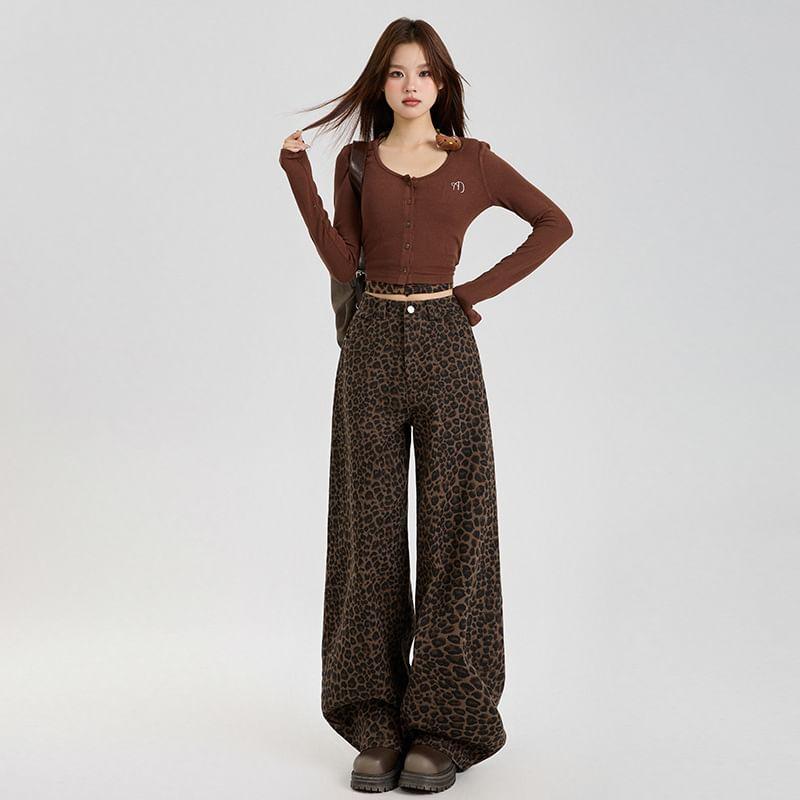 High Waist Leopard Print Wide Leg Jeans (Various Designs) Product Image