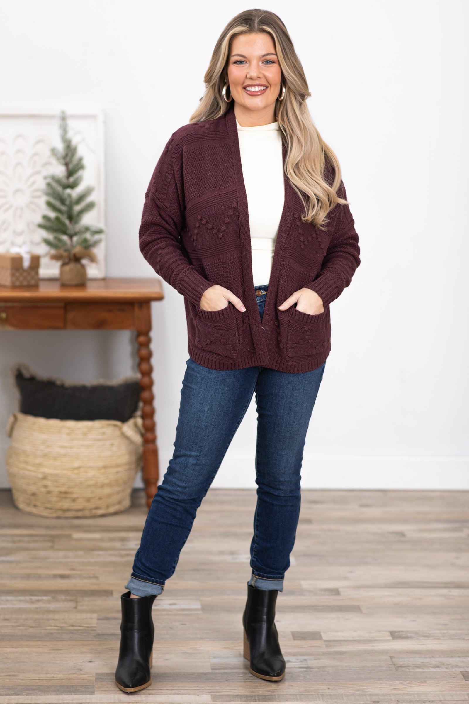 Dark Mauve Cardigan With Pompom Detail Product Image