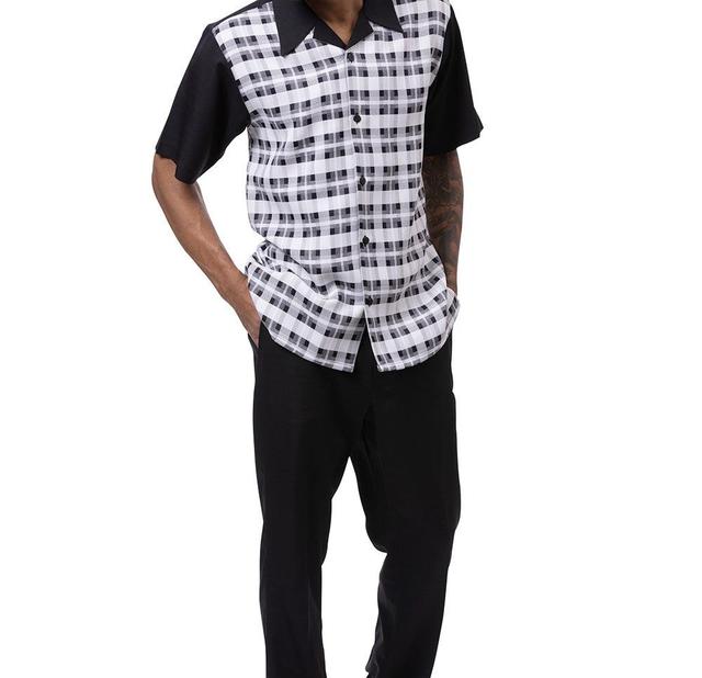 Black Shadow Plaid Design Walking Suit 2 Piece Short Sleeve Set Product Image