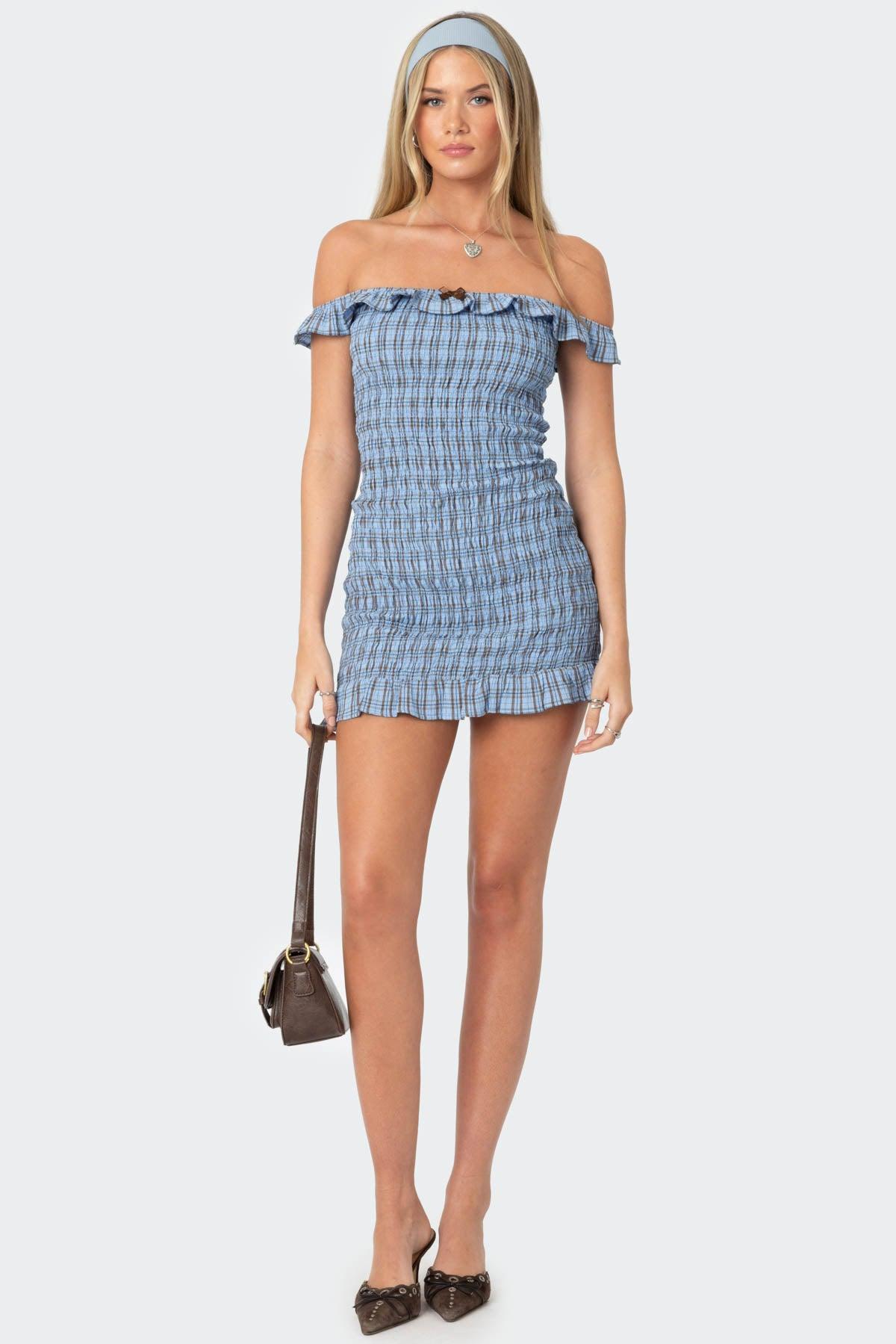 Off Shoulder Scrunched Plaid Mini Dress Product Image