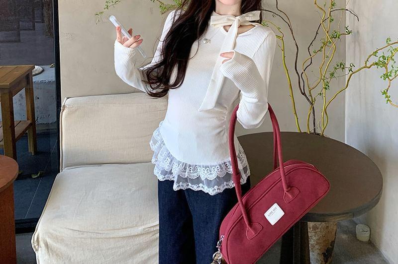 Long-Sleeve Mock Neck Plain Bow Cutout Lace Trim Ribbed Knit Top Product Image