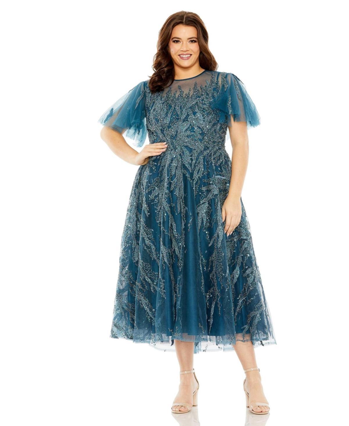 Mac Duggal Womens Plus Size High Neck Flutter Sleeve A Line Embellished Dress Product Image