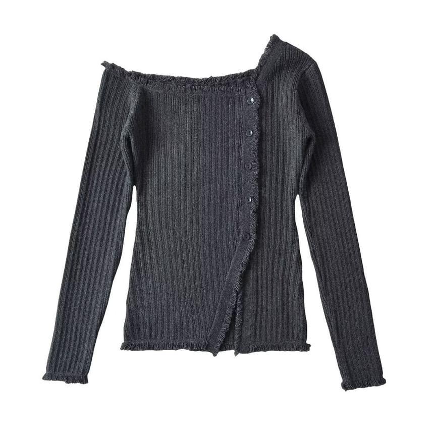 Long-Sleeve Off-Shoulder Plain Asymmetrical Frayed Button-Up Knit Top Product Image