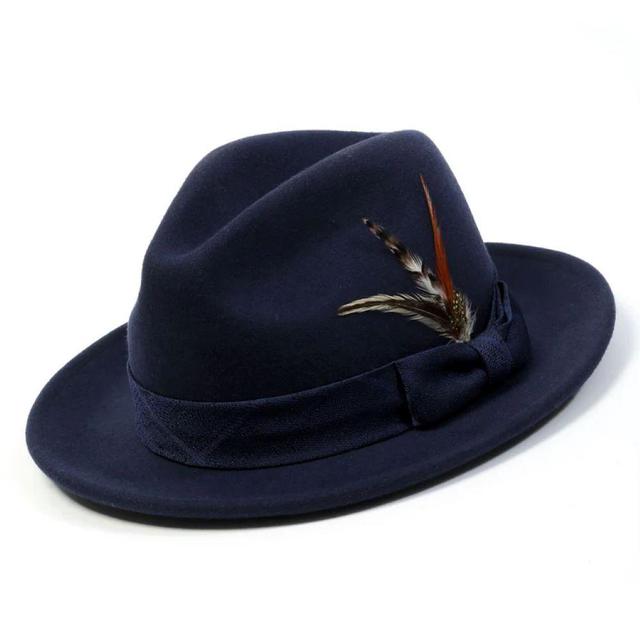 Navy Wool Felt Dress Hat with Feather Accent Product Image