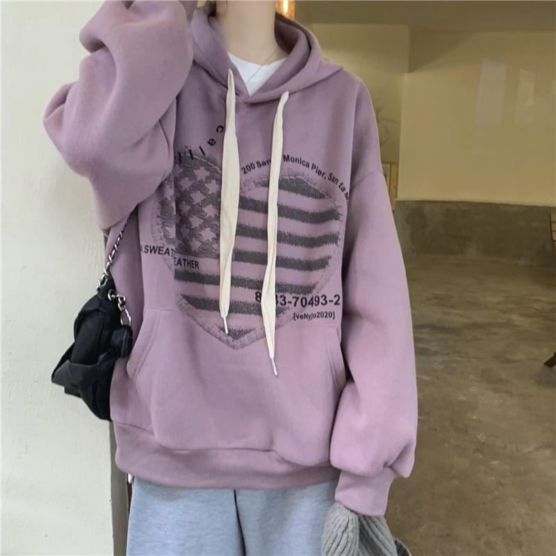 Heart Print Drawstring Fleece-Lined Hoodie Product Image