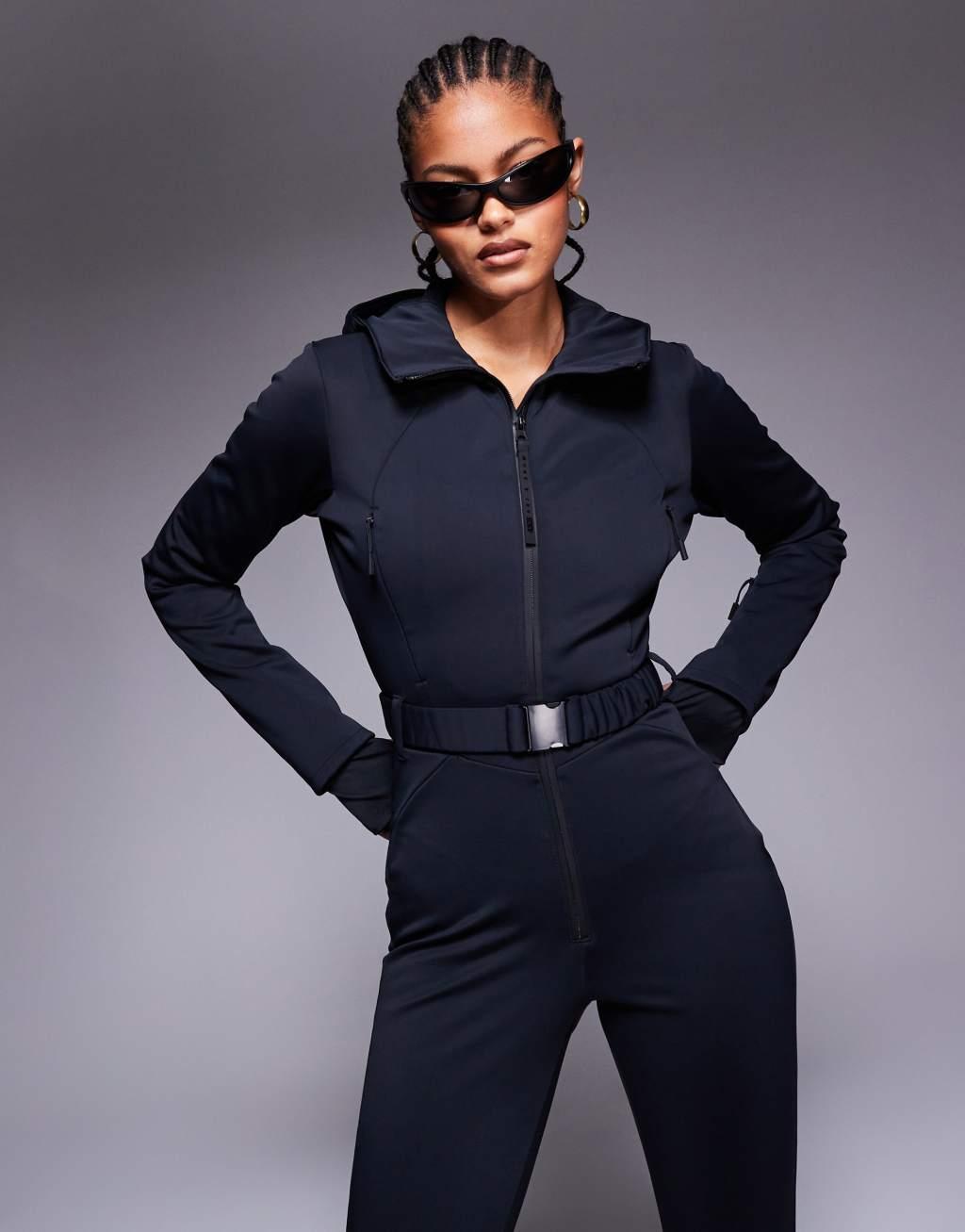 ASOS 4505 Tall Ski belted ski suit with skinny leg and hood in black Product Image