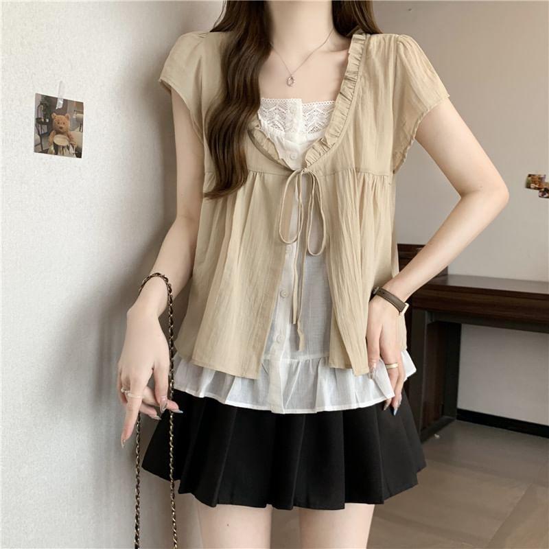 Short Sleeve Scoop Neck Mock-Two Piece Tie Front Layered Blouse Product Image