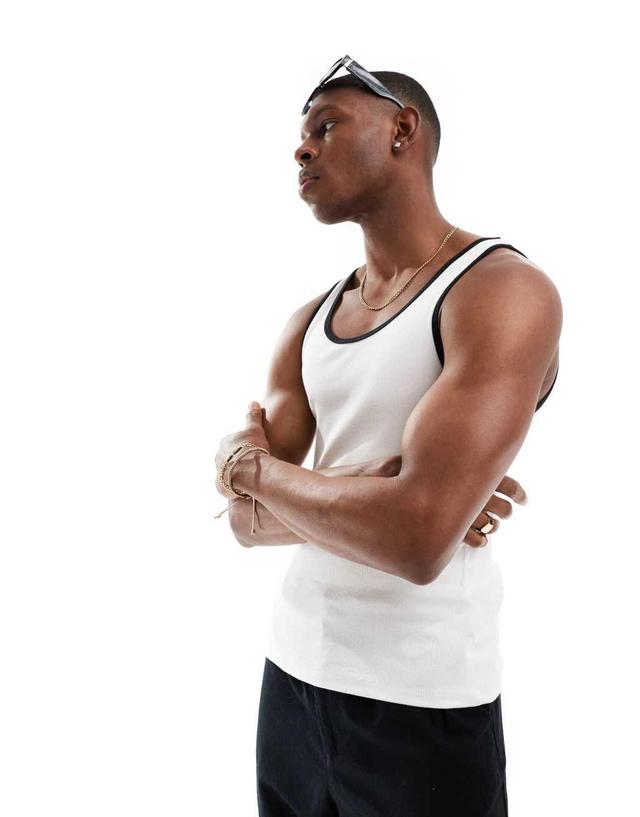 ASOS DESIGN muscle fit ribbed tank top with contrast binding in white Product Image