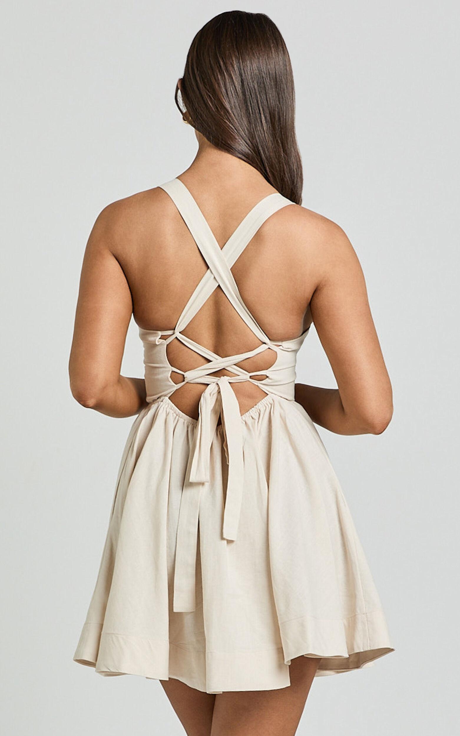 Cathryn Mini Dress - Cross Back Bustier Linen Blend Dress in Stone Product Image