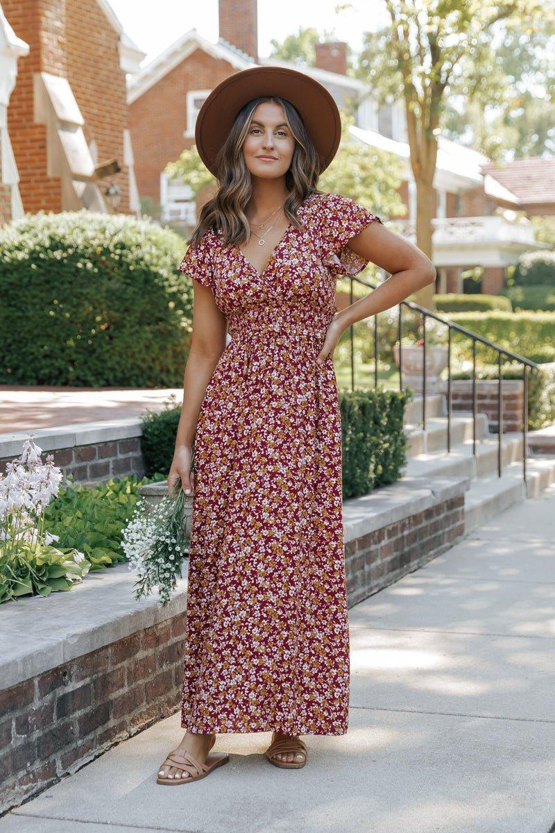 Wine Floral Print Smocked Maxi Dress - FINAL SALE Product Image