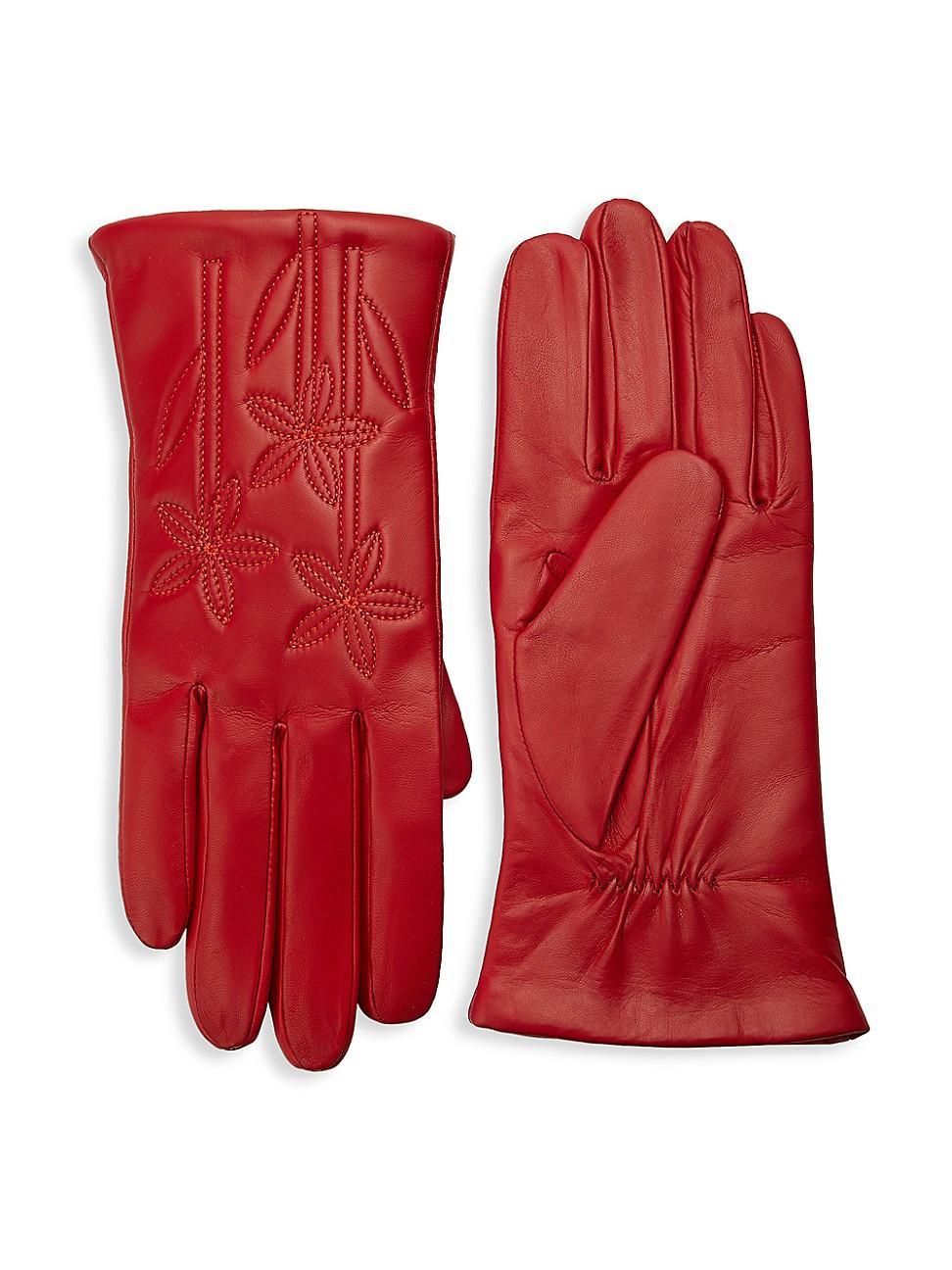 Womens Floral-Embroidered Leather Gloves Product Image