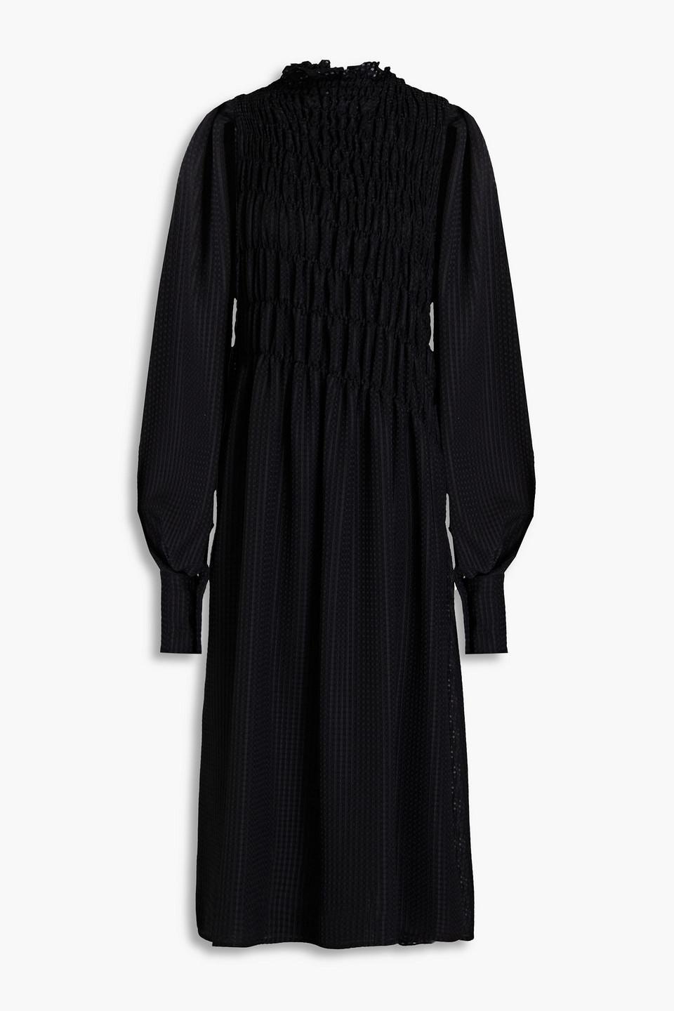 Shirred Seersucker Midi Dress In Black product image