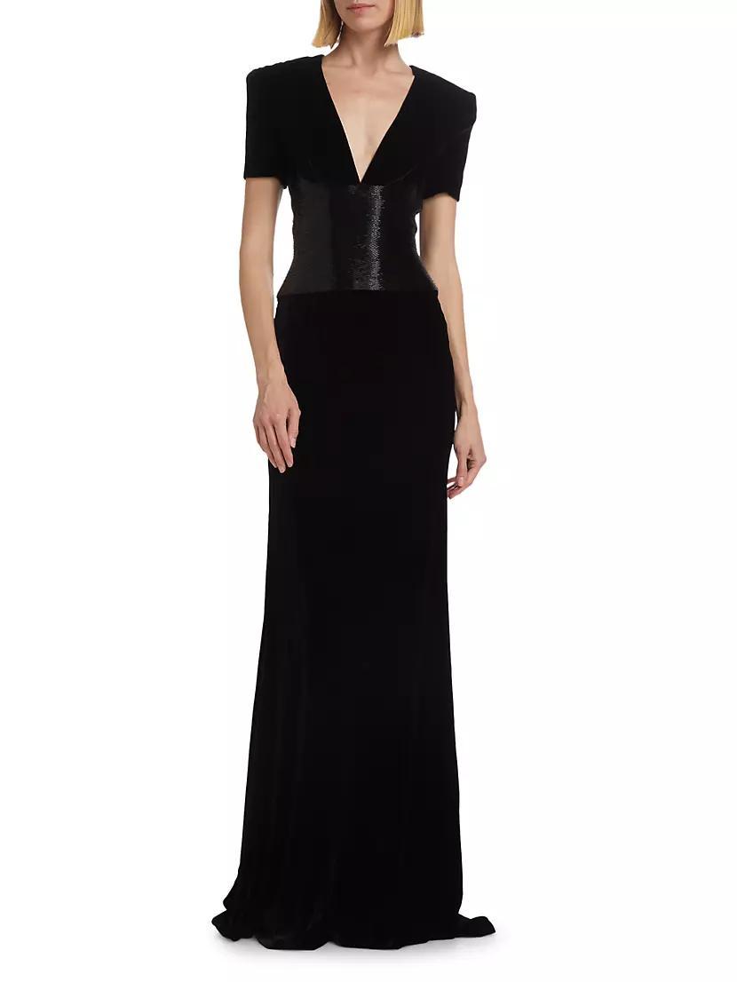 Velvet Sequined Waist A-Line Gown Product Image