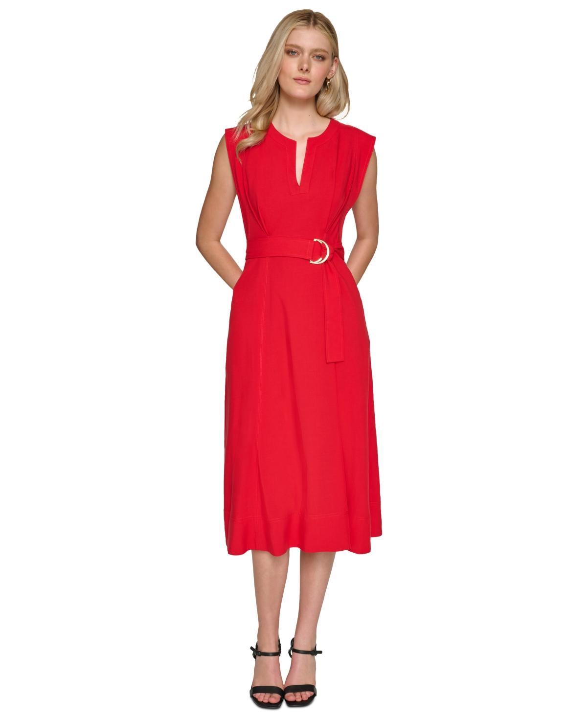 Karl Lagerfeld Paris Womens Belted Cotton Midi A-Line Dress product image