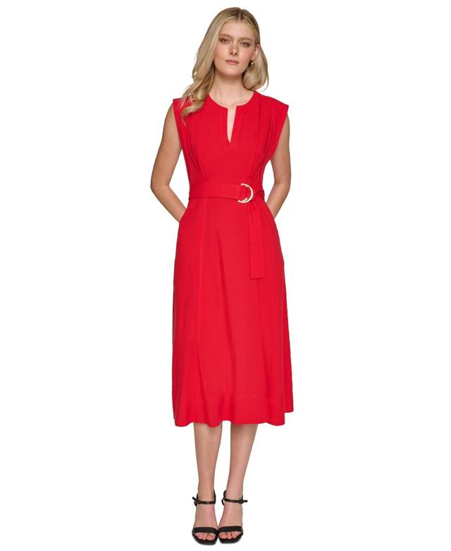 Women's Belted Cotton Midi A-Line Dress Product Image