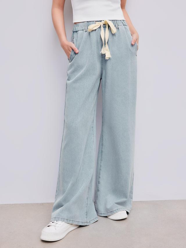 Leslie Denim High Waist Solid Tie Front Wide Leg Trousers Product Image