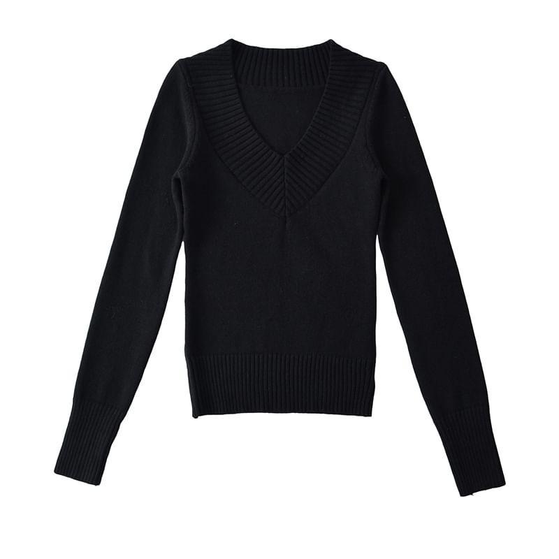 V-Neck Plain Ribbed Crop Sweater Product Image