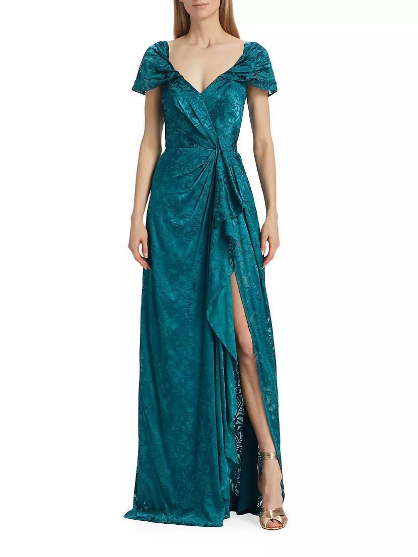 Draped Burn-Out Silk Off-The-Shoulder Gown Product Image