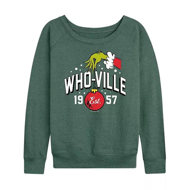 Womens Dr. Seuss The Grinch Whoville Grinch Hand Lightweight French Terry Sweatshirt, Girls Grey Indigo Product Image