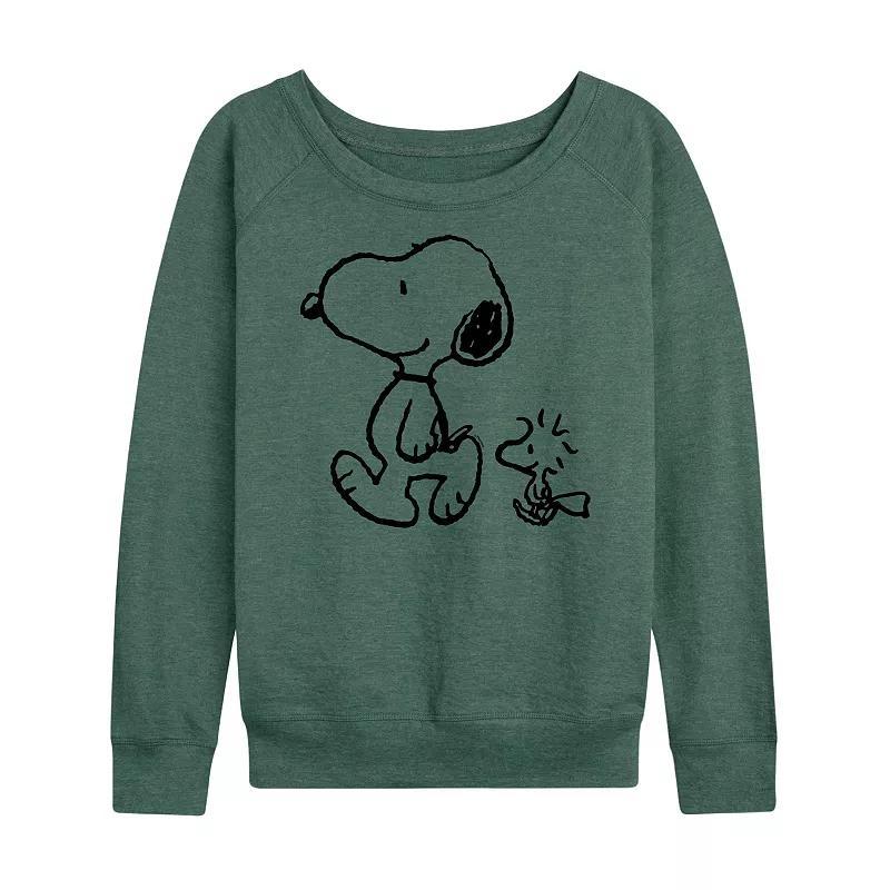 Womens Peanuts Snoopy Woodstock Walk Slouchy Graphic Sweatshirt Green Product Image