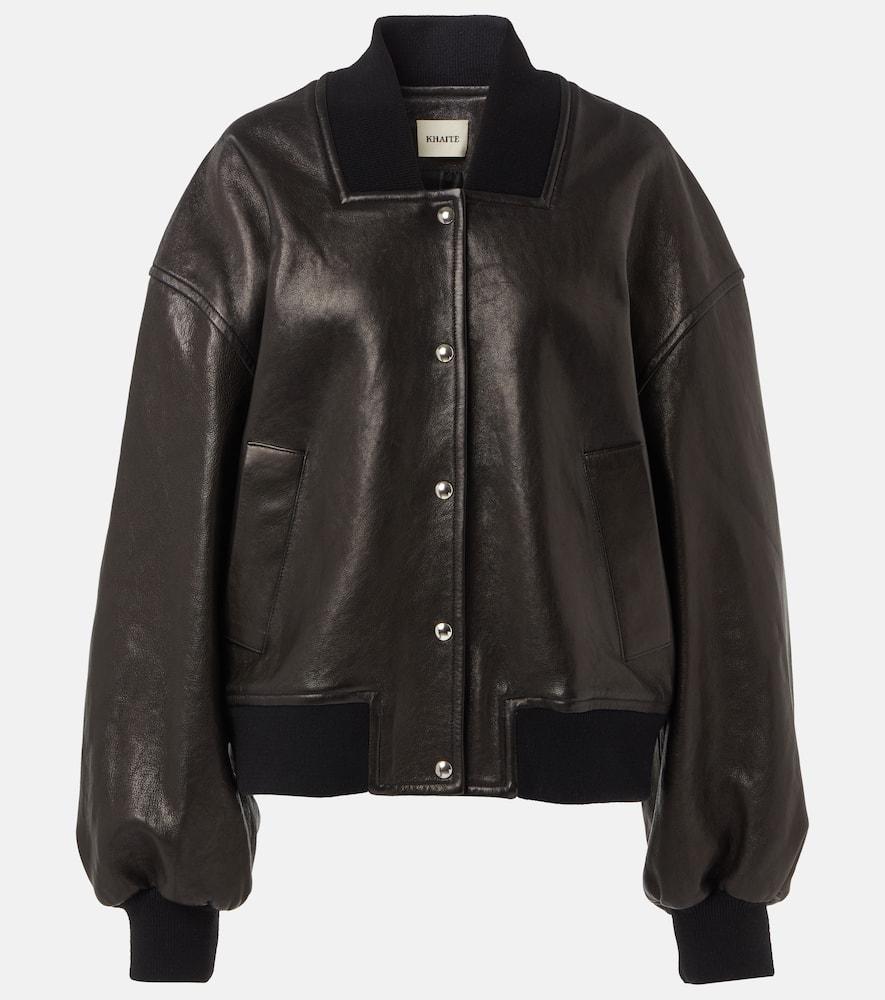 KHAITE Spence Leather Bomber Jacket In Brown Product Image