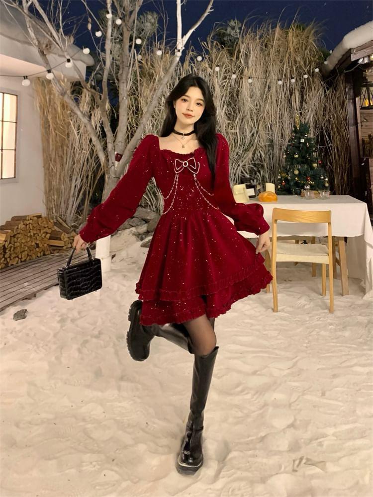 Long-Sleeve Bow Rhinestone Ruffle Trim Velvet A-Line Dress Product Image