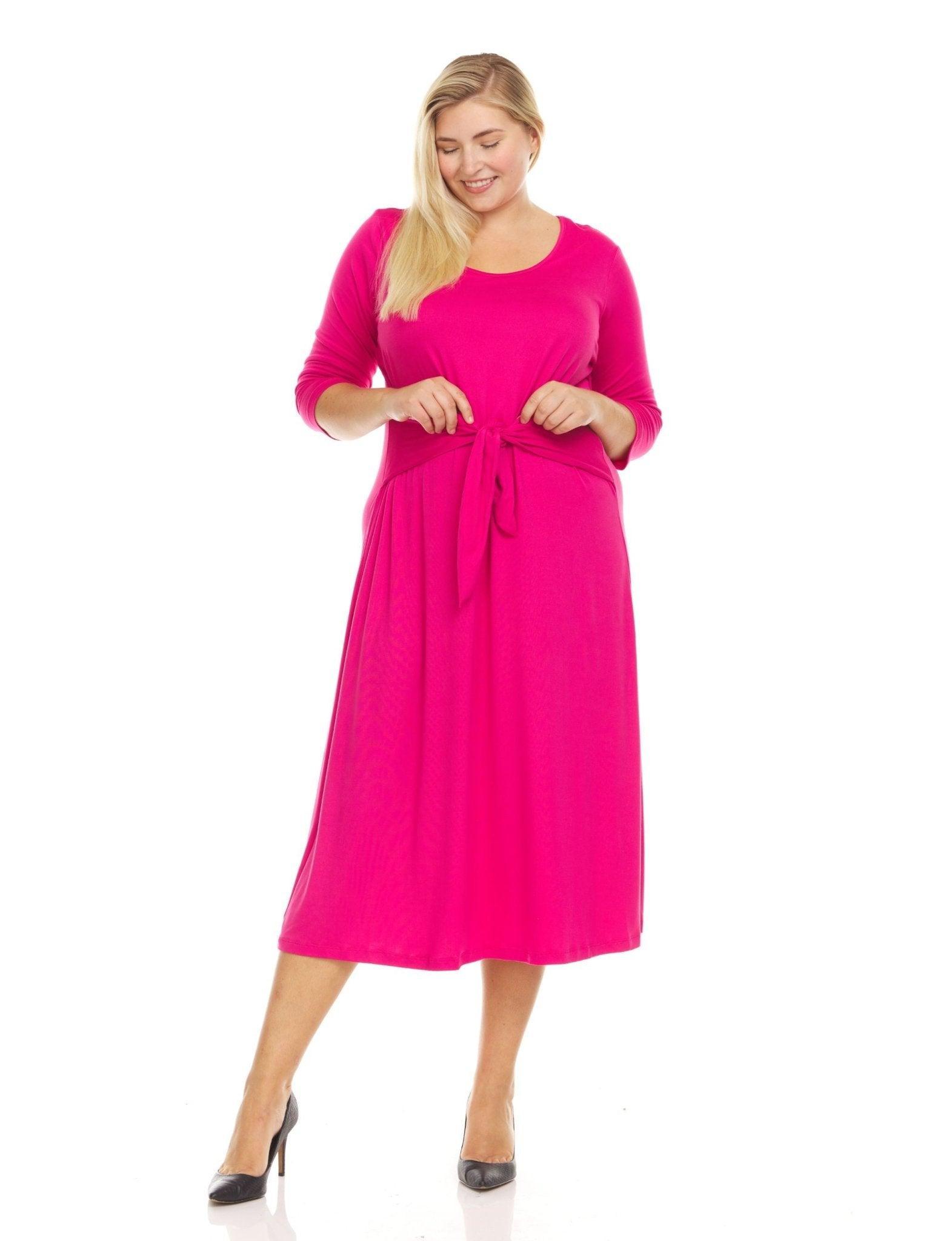 3/4 Sleeve Crew Neck Solid Color A-Line Midi Dress With Self Tie Belt - Plus Product Image