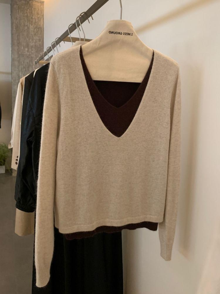 Long Sleeve V-Neck Mock Two Piece Knit Top Product Image