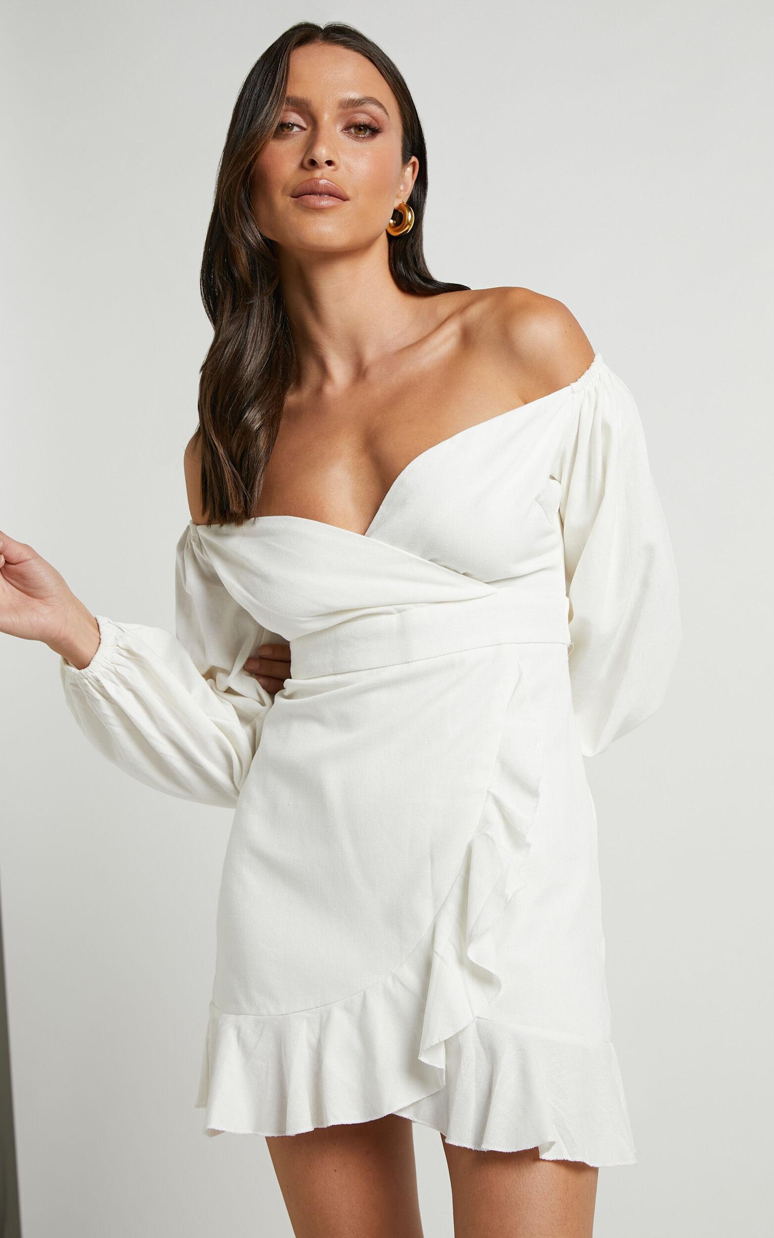 Can't Move On Mini Dress - Linen Look Off Shoulder Dress in White Linen Look Product Image