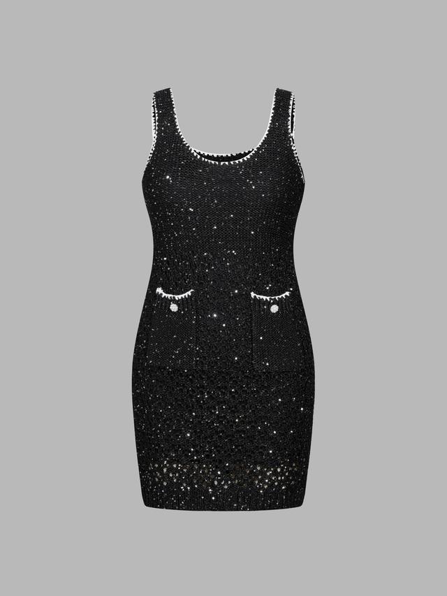 Knit Sequins U-neckline Solid Mini Dress Product Image