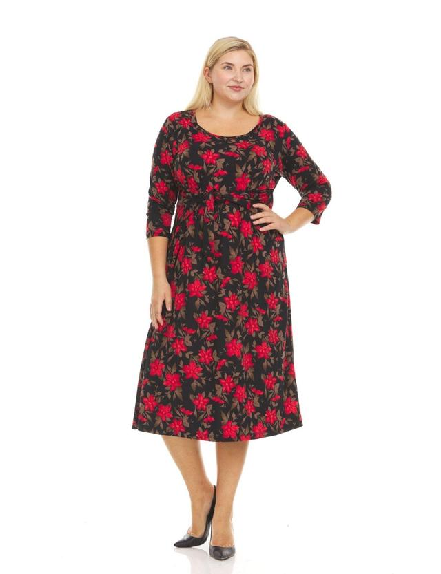 Three quarter sleeve crew neck printed A line midi dress with selt tie belt- plus Product Image