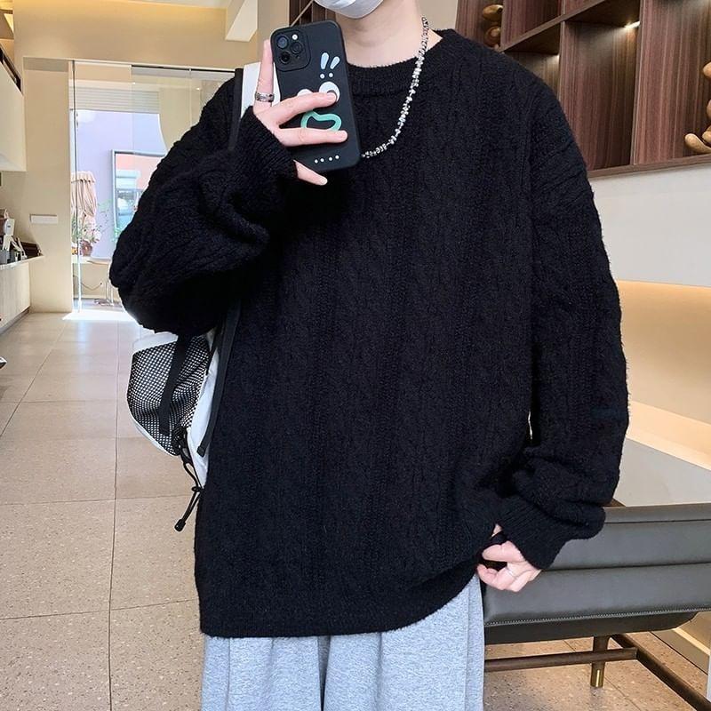 Crew Neck Plain Cable Knit Sweater Product Image