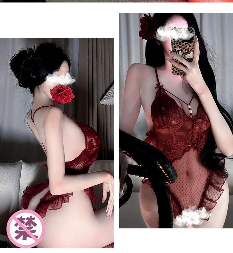 Bow Lace Teddy / Stockings / Set Product Image