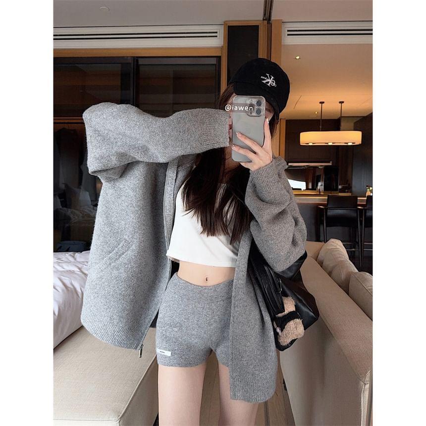 Plain Hood Zip Cardigan / High Waist Knit Shorts Product Image