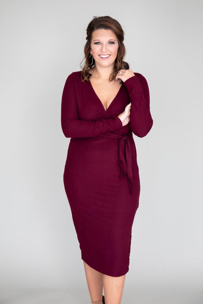 Daring Heart Ribbed Midi Burgundy Dress FINAL SALE Product Image