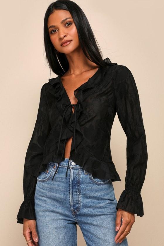 Chic Quality Black Floral Embroidered Ruffled Tie-Front Top product image