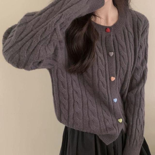 Round Neck Heart Button Cable Knit Cardigan Product Image