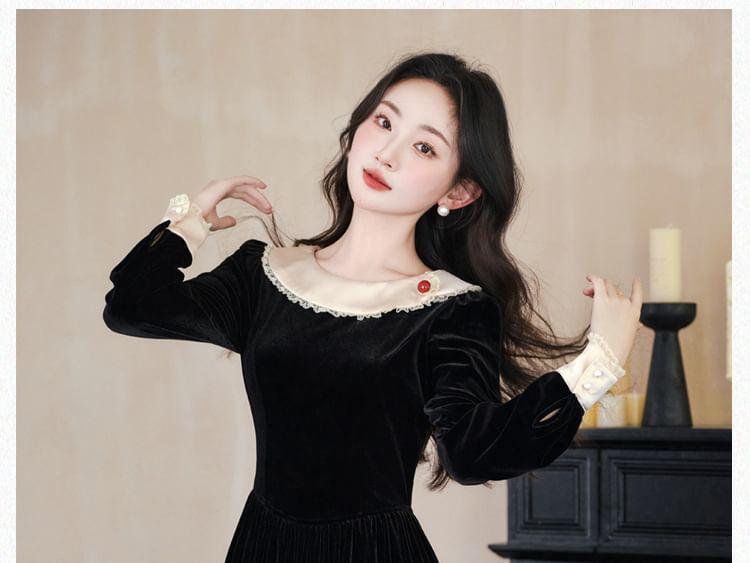 Long-Sleeve Crewneck Velvet Maxi A-Line Dress Product Image