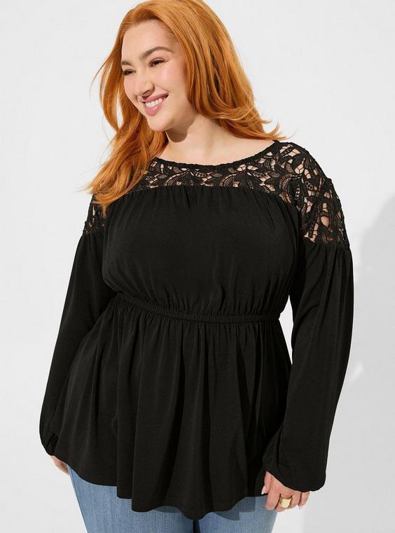 Crepe Crew Neck Lace Yoke Babydoll Top Product Image